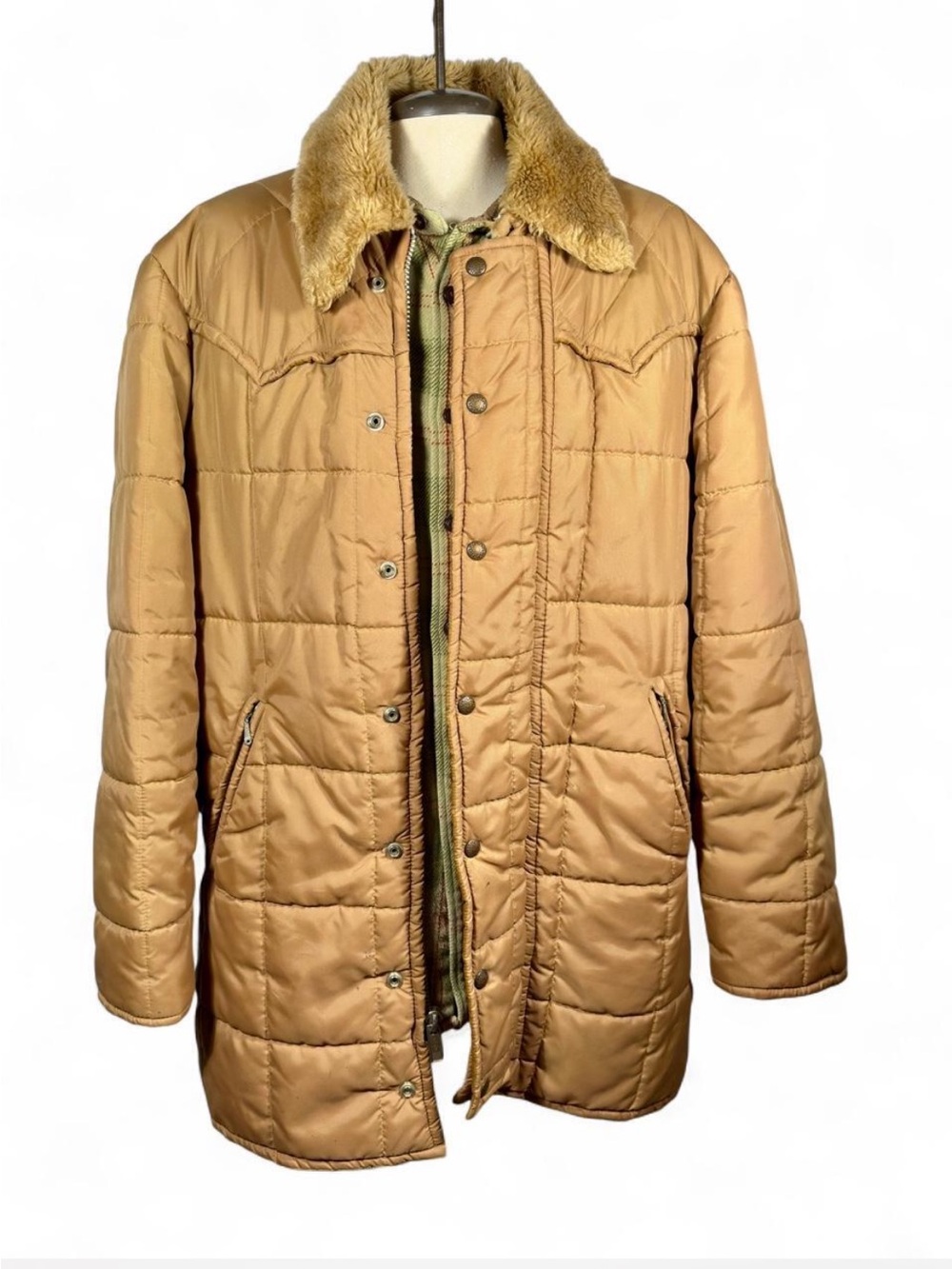 Vintage 70’s Pioneer Wear Longline Puffer Coat Faux Fur Western Tan Size 42